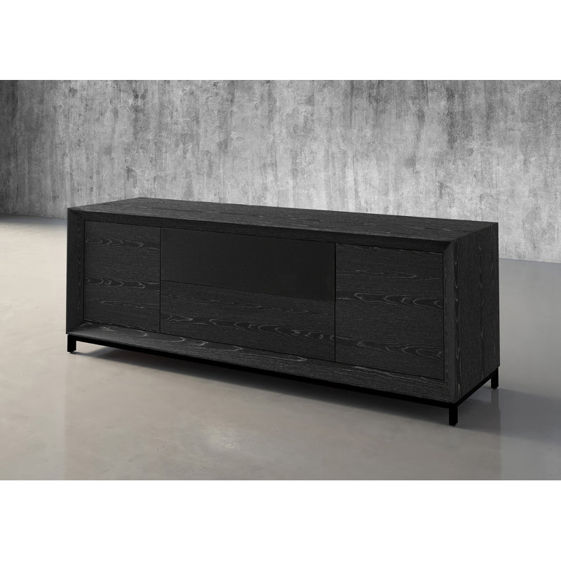 Console multimédia Furnatech Rafaela-86 po au fini ébène avec placages de chêne rouge américain, portes en bois, panneaux arrière amovibles et gestion des câbles