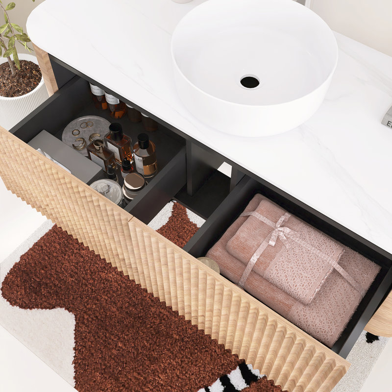 Meuble-lavabo mural cannelé 48 po avec lavabo vasque en céramique, deux tiroirs et porte-serviettes 48 po, Honey Oak