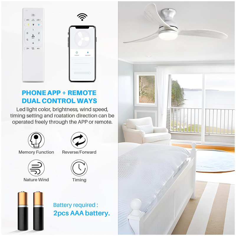 Ventilateur de plafond moderne de 52 pouces avec moteur à courant continu réversible à télécommande à 3 pales en bois massif à intensité variable