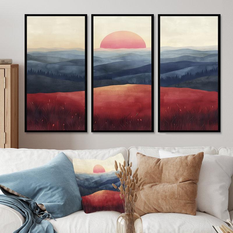 «Red Blue Abstract Sunset Mountain Landscape I», ensemble de reproductions d'art mural, Toile avec cadre flottant noir
