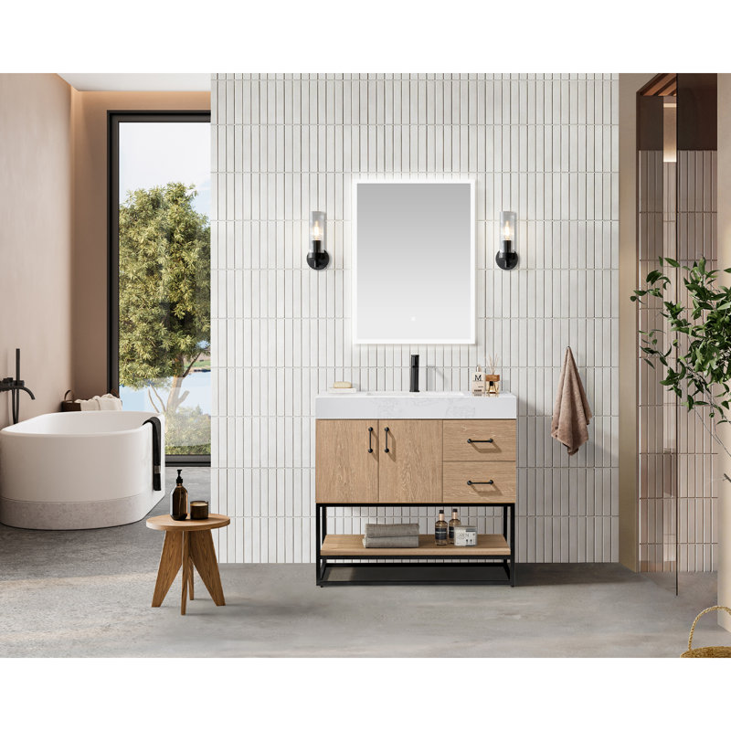 Alistair 36'' Single Bathroom Vanity with Engineered Stone Top, Matte Black, North American Oak, White
