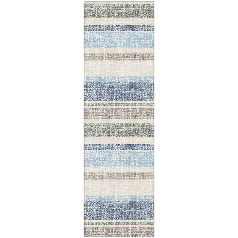 Premium Machine Washable Mayfield AMF2122 Striped Rug, 2'3" x 7'6" Runner, Navy
