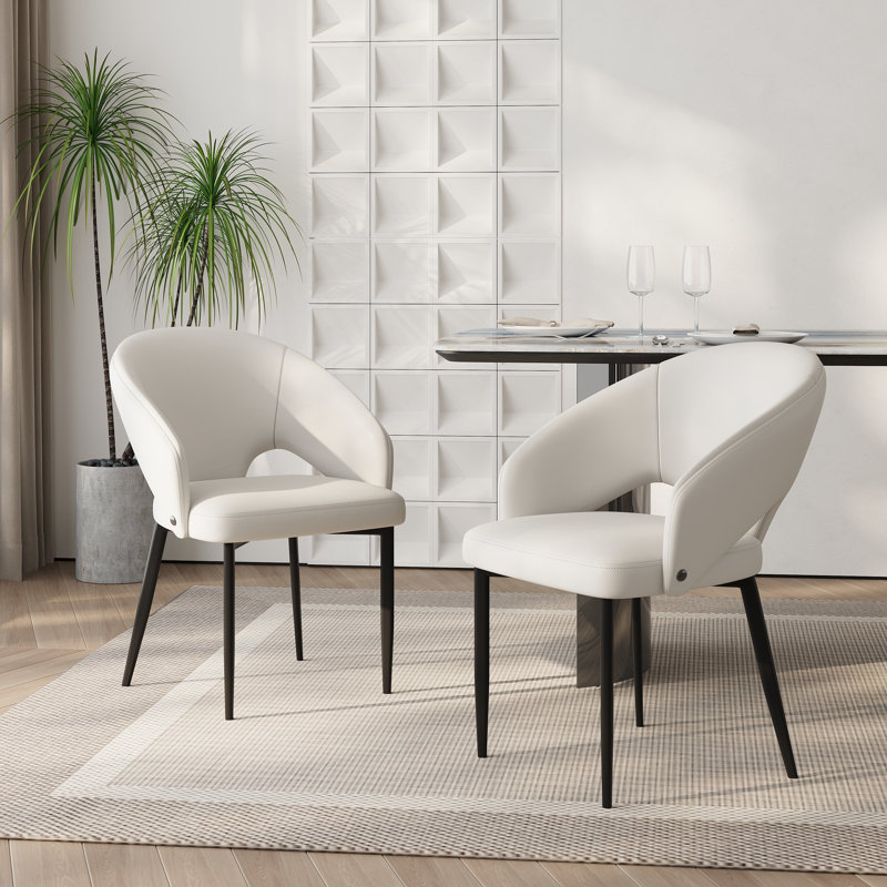 Ensemble de 2 chaises de salle à manger modernes rembourrées, chaises d'appoint blanches en similicuir avec accoudoirs incurvés et pieds en métal noir, assemblage requis