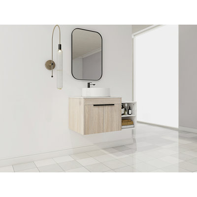 Meuble-lavabo flottant de conception moderne avec lavabo d'art en céramique, dalle de pierre plate et petites tablettes de rangement