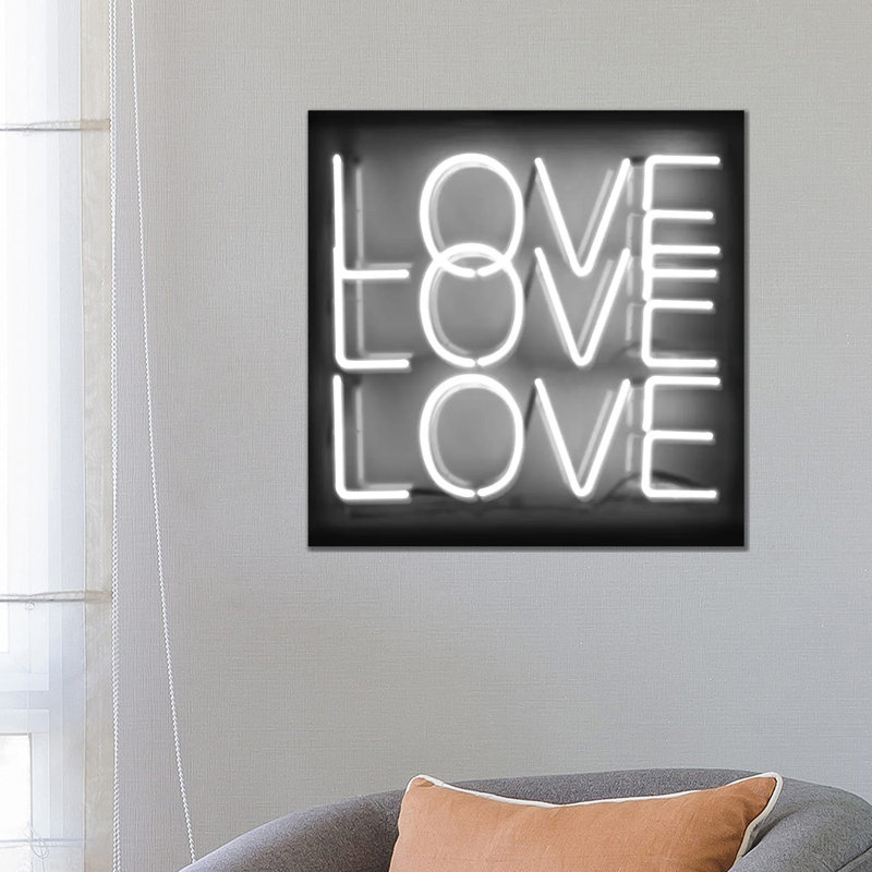 Neon Love Love Love White On Black by Hailey Carr - Wrapped Canvas Print, 66.04 cm H x 66.04 cm W x 3.175 cm D