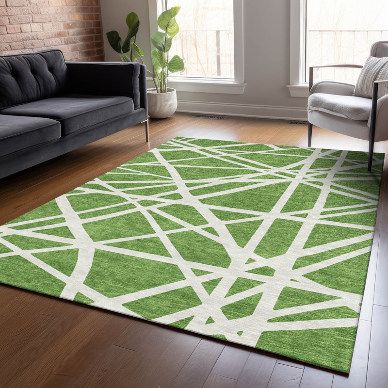 Green and White Geometric Washable Synthetic Rug