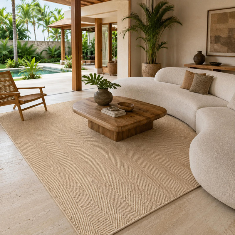 Tapis beige texturé tissé à plat en polypropylène tissé à la machine, Medium — 5'3" x 7'7"
