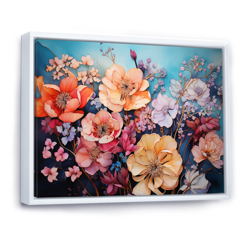 Corail floral symphonie I - abstrait Botanicals Wall Art Living Room, L 32 po x H 16 po, Cadre flottant blanc