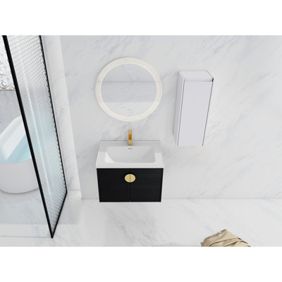 Meuble-lavabo de salle de bain avec lavabo en céramique et armoire d'appoint - Châtaignier noir, organisation moderne 28 po et luminaire d'armoire