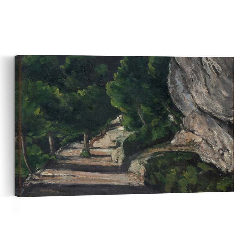Paysage, route avec arbres dans les montagnes Rocheuses, vers 1870-1871. Estampe d'art mural contemporain représentant un paysage de montagne.