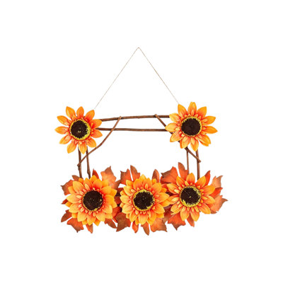 Décoration de fête d'Halloween boîte de fleurs suspendues avec couronne de fleurs et branches de bois, citrouille, tournesol, feuille d'érable, décoration murale