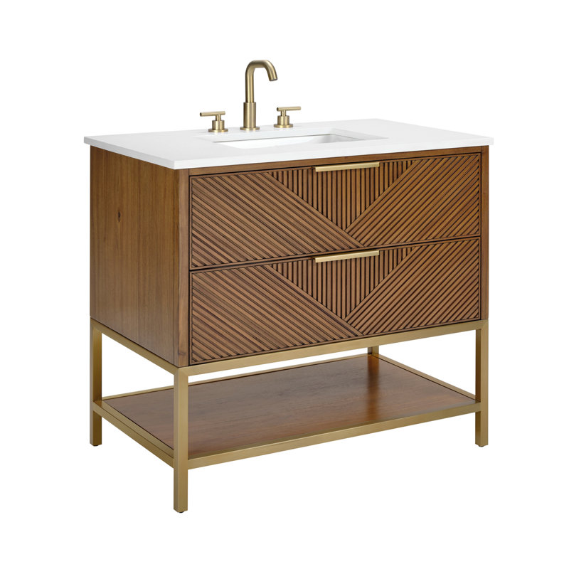 Ensemble de meuble-lavabo Diamond, Noyer, Quartz Calacatta, Laiton satiné