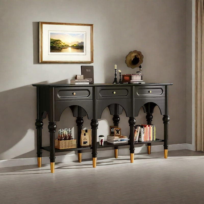 Console rétro en bois massif multifonctionnel, H 31,5 po x l 59,06 po x P 13,78 po, Noir, noir, noir, noir