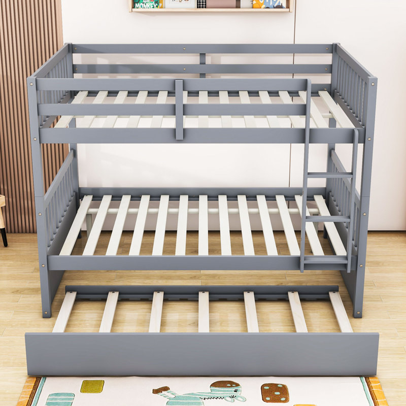 Full Over Full Wood Bunk Bed With Trundle, Ladder And Guardrails, Gray