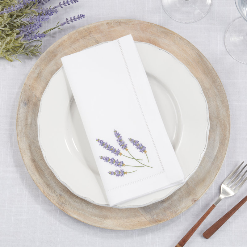 White Cotton Embroidered Lavender Napkins Set of 6