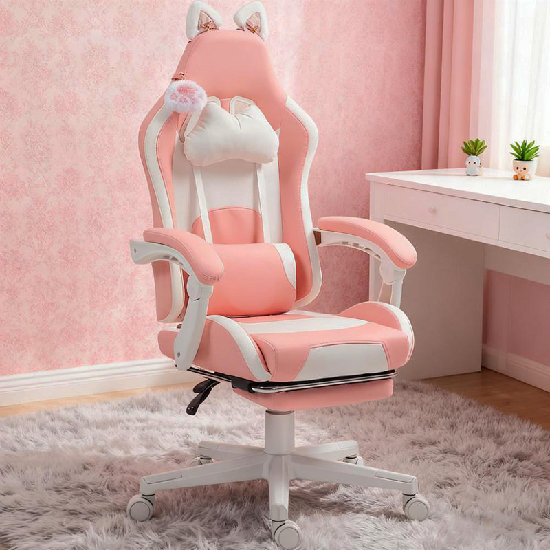 Fauteuil de jeu avec repose-pieds, fauteuil de jeu, appui-tête et soutien lombaire, pour la maison et le bureau, Rose, Blanc