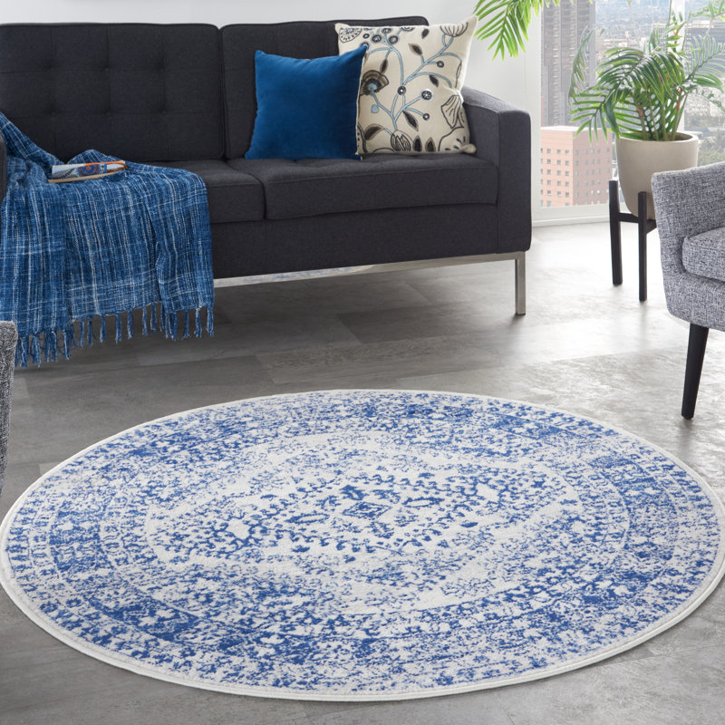 Tapis géométrique bleu / blanc Concow, Rond 8 pi