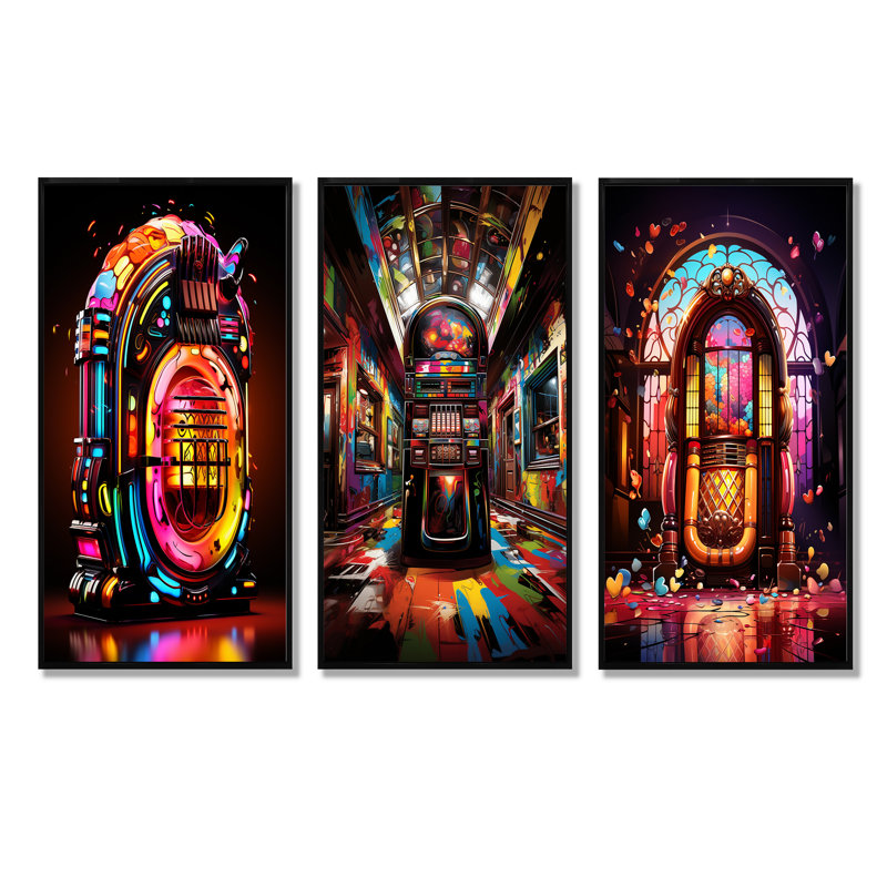Jukebox Machine Neon Grooves I - Jukeboxes, ensemble de 3 impressions sur toile, Cadre flottant noir, H 28 po x l 36 po