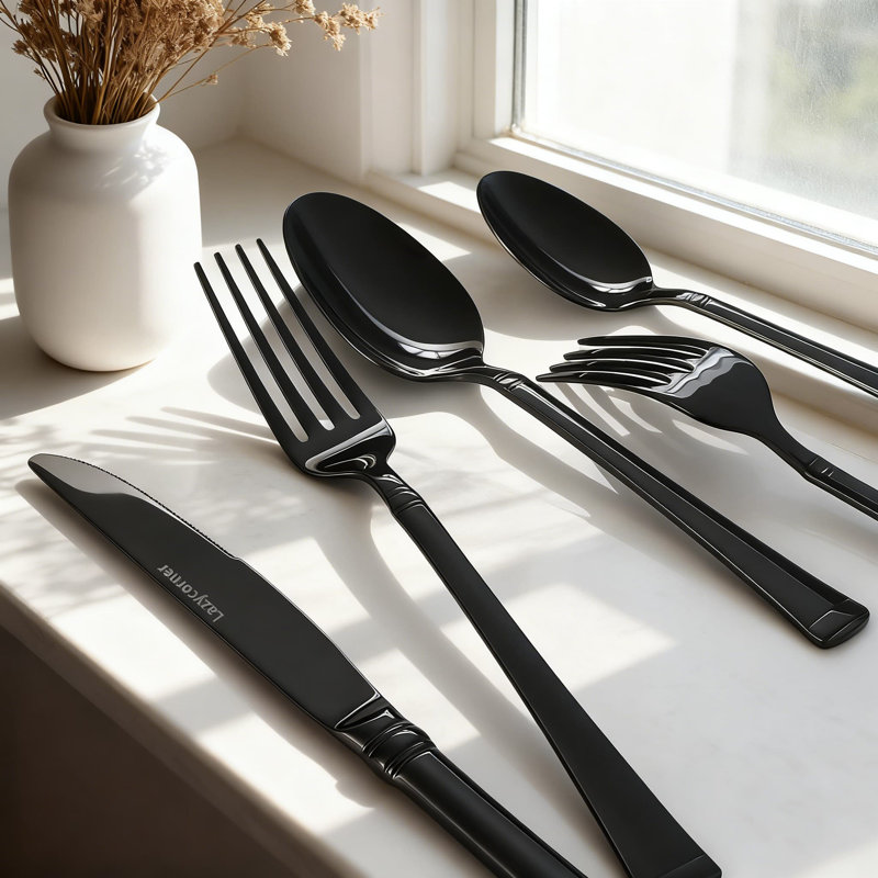 Ensemble de couverts 45 pièces noirs avec ustensiles de service, ensemble de couverts en acier inoxydable 18/10 pour un usage quotidien, miroir poli et lavable au lave-vaisselle