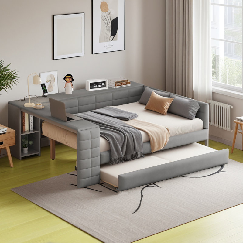 Upholstered Platform Bed With Trundle, Integrated Desk And Storage Shelve, Gray