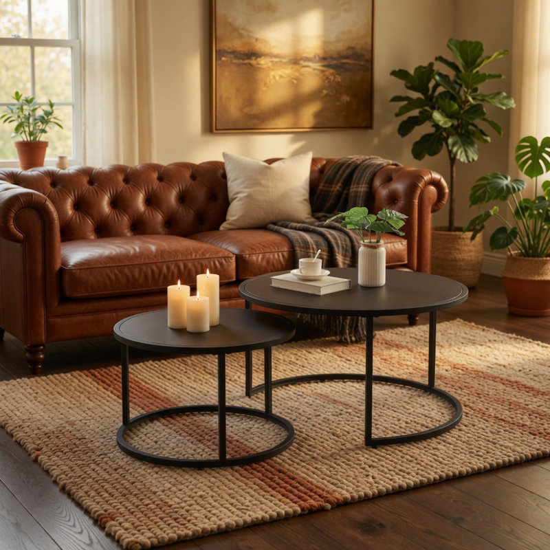 Ensemble de 2 tables d'appoint modernes modernes en similicuir avec base en métal noir, table d'appoint pour salon, brun foncé