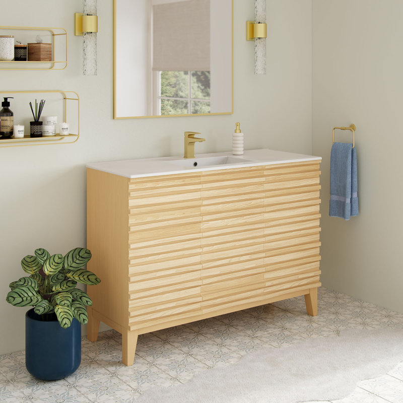 Meuble-lavabo Cascade 48 po en chêne naturel, Chêne naturel, Trou unique, Blanc