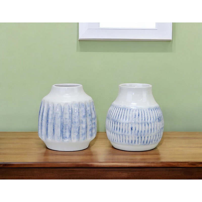 Soft Blue & White Glazed Ceramic Vase Set 6" Trio