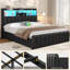 Cadre de lit double avec tête de lit bibliothèque, rangement dissimulé et 4 grands tiroirs, lampe DEL et station de recharge, sommier à lattes robustes, matelas sans ressorts requis, noir-134631793-134631794