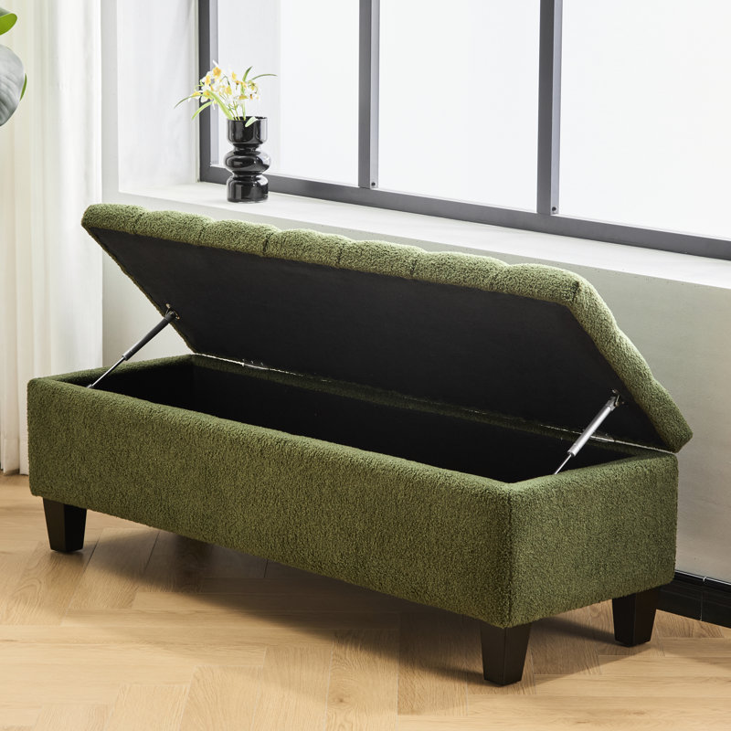 Banc de rangement en boucle, pieds en bois d'hévéa, capacité de 300 lb, fermeture automatique du couvercle, capitonnage à boutons et coutures en losange, convient à la maison, L 51,74 po x l 17,32 po H 18 po avec rangement, surface bouclée,
