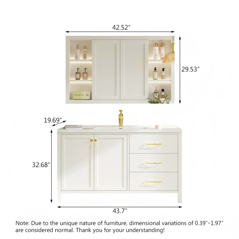 Meuble-lavabo de salle de bain en bois d'hévéa massif blanc avec miroir intelligent, 32.68" H x 47.64" W x 19.69" D