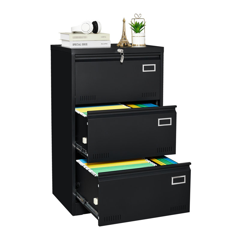 Classeur en métal verrouillable à 3 tiroirs pour le bureau, espace spacieux, glissière stable, construction résistante, tiroirs noirs, système, organisation de bureau,