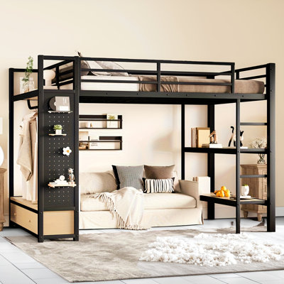 Lit mezzanine double Andover Mills avec garde-robe, tablettes et panneau perforé, cadre de lit superposé en métal noir avec rangement intégré