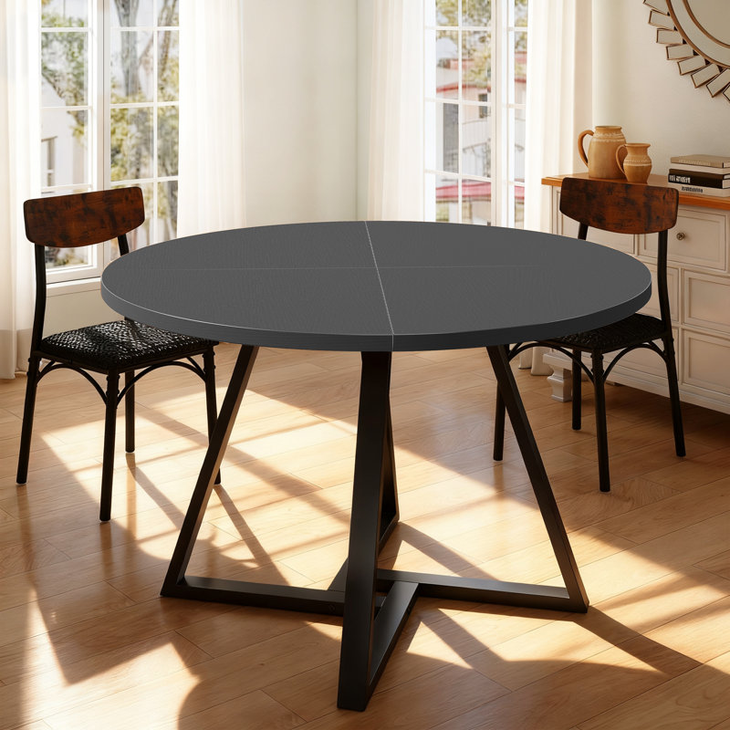  Round Dining Table: Pedestal Metal Frame, Space-Saving Industrial Style, Black, 76cm H x 130cm W x  130cm D