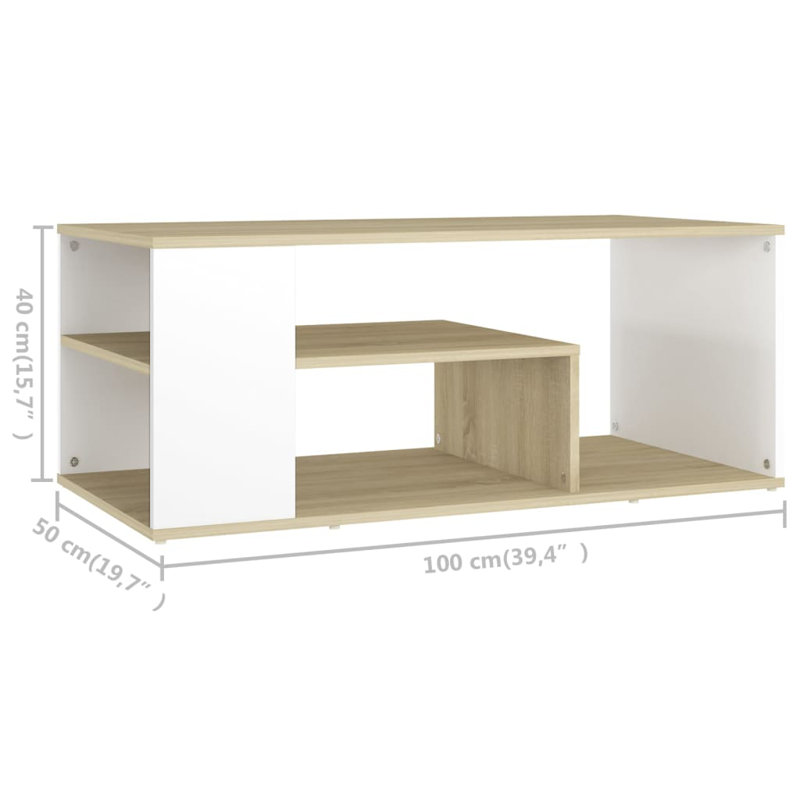 Table basse simple avec cadre en bois manufacturé avec rangement, Blanc / Chêne de Sonoma