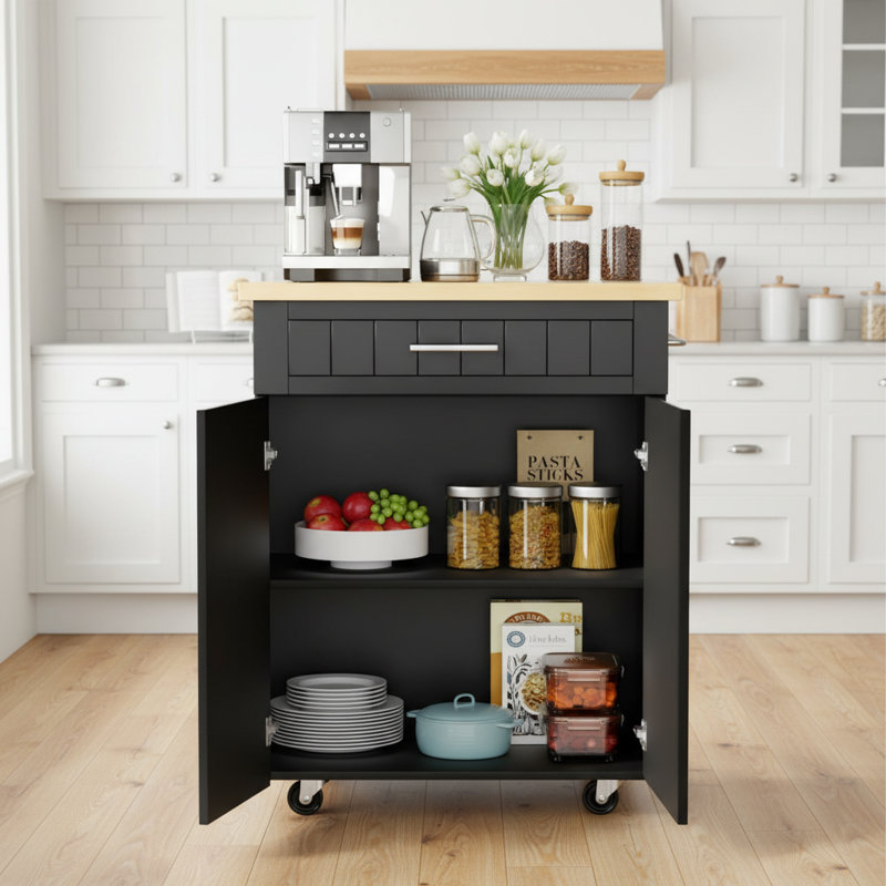 Rolling Kitchen Storage Cart Black, Kitchen Island With Wheels, Drawer, Movable Shelf, Side Towel Handle, Black