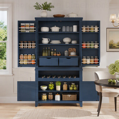 Farmhouse Freestanding Kitchen Pantry Cabinet with 4 Shaker Doors, 6 Door Shelves, 2 Drawers, Wine Rack, and Adjustable Shelves for Organized Storage