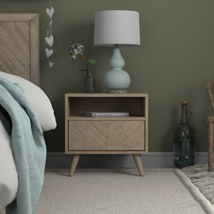 Aydelis Wooden Chevron Nightstand With Shelf And Drawer