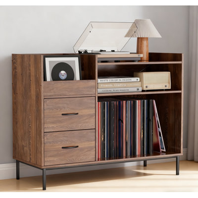 Support pour tourne-disque avec prise de courant et couvercle rabattable, table tournante avec rangement pour plus de 300 vinyles, console multimédia avec 2 tiroirs, 27,6 po avec protection contre la poussière, assemblage requis, brun