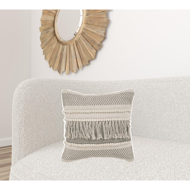 Beige and Ivory Chevron Cotton 20" Square Pillow with Fringe