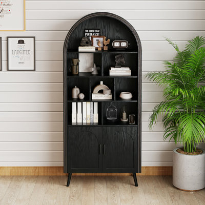 70.8" Tall Arched Bookcase With Storage, Mid Century Modern 6-Tier Cabinet With Door And Drawer, Metal Legs And Metal Handles,Arched Bookshelf With Open Display Shelf For Office Living Room