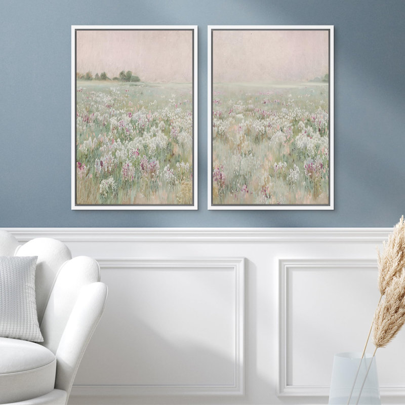 «Serene Meadow Field Pastel Floral Landscape In Hazy Dawn Light Modern Art Wall Decor», reproduction d'art encadrée sur toile, 2 pièces