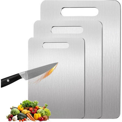 Paquet de 3 planches à découper en titane pour la cuisine, 100% titane pur, hygiène et durabilité de pointe, planche à découper double face de qualité alimentaire pour les viandes et les légumes, facile à nettoyer (M + L + XL)