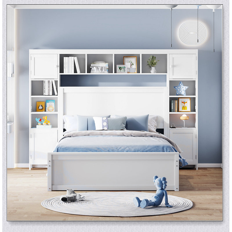Full Size Wooden Bed With All-In-One Cabinet, Shelf And Sockets, White