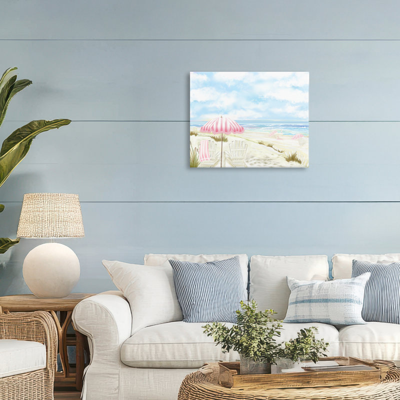 Paysage marin avec toile de parasol rose, design par Lori Mosley, H 16 po x l 20 po