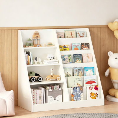 Kids Bookshelf and Toy Storage Organizer, Multifunctional 4 Tier Wooden Kids Book Shelf with Bookcase Display Stand in Kids Room Playroom Nursery for Kids, Children, Toddlers