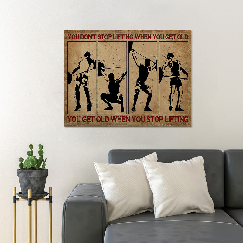 «Man Doing Haltérophile - You Don't Stop Lifting When You Get Old», reproduction d'art graphique rectangulaire sur toile tendue 1 pièce