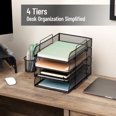 Stackable Paper Tray, Desktop Organizer, File Storage, Office, Metal Mesh, 4 Pcs., Black