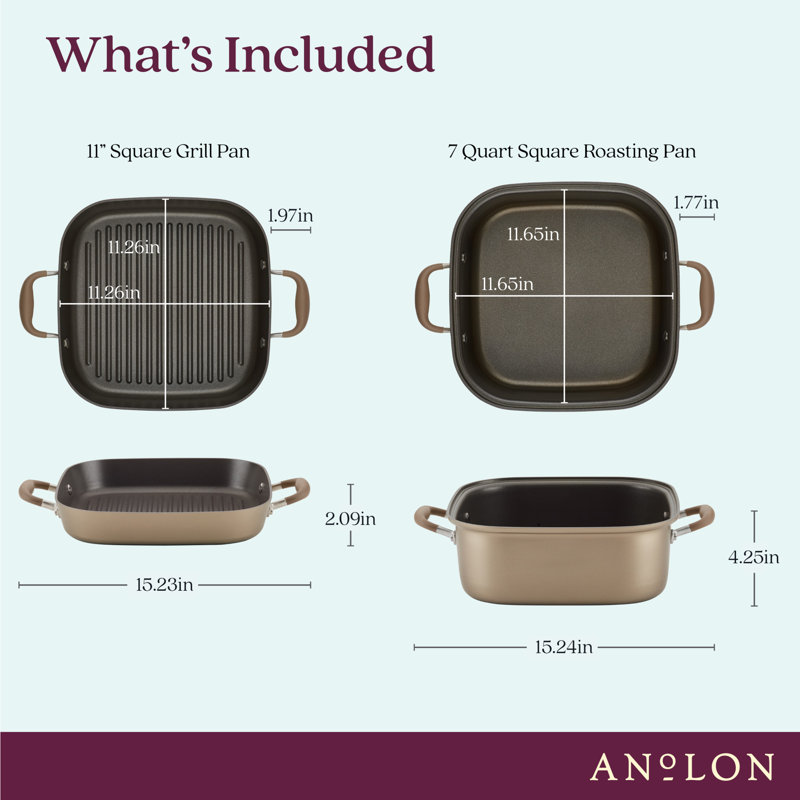 Anolon Advanced Home Hard Anodized Nonstick Two Step Meal Cookware Set, Includes 7 Quart Roaster And 11 Inch Deep Square Grill Pan, 2 Piece, Bronze
