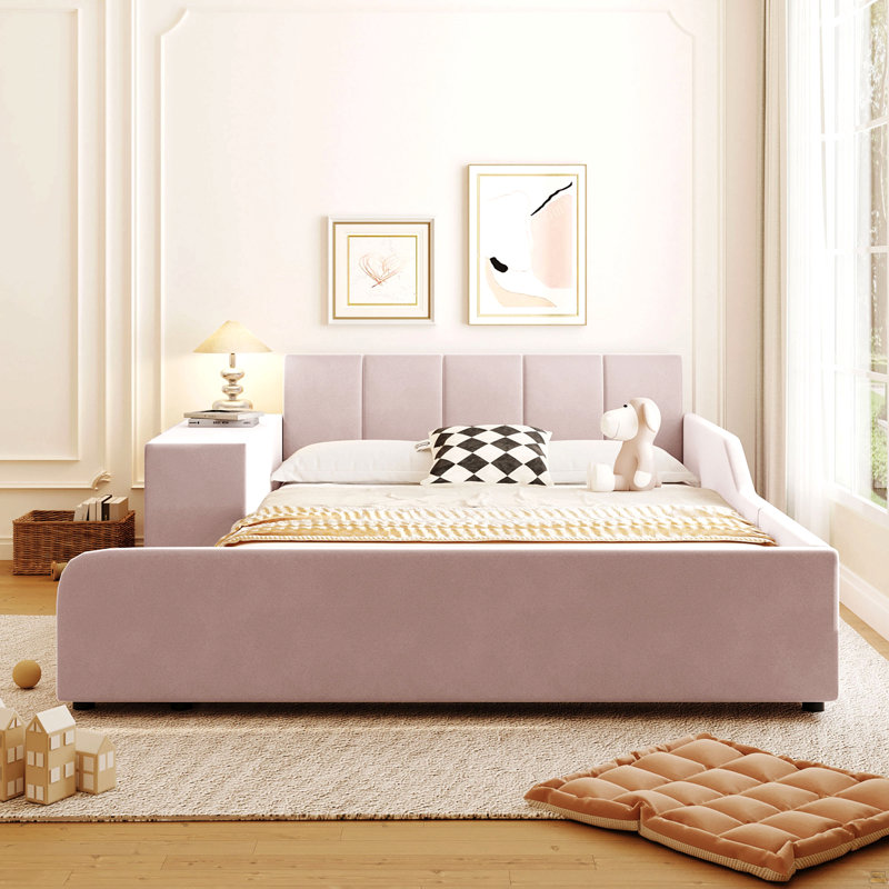 Full Size Upholstered Grounded Bed, Mother & Child Bed With Bedside Desk And Little Round Stool, Full , Pink