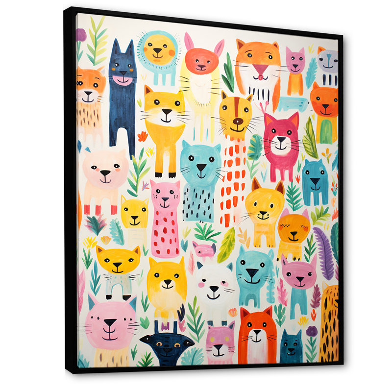 Pépinière, motif animalier coloré I - Art mural de chambre de bébé, Cadre flottant noir, H 40 po x l 30 po x P 1,5 po